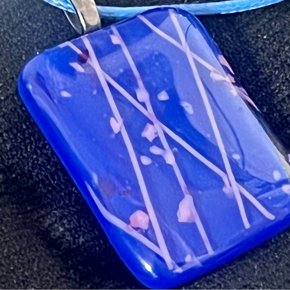Artisan Jewelry - Blue Art Glass pendant Royal Cobalt Blue lavender rose